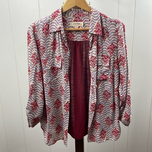 Anthropologie Porridge Purple & Burgundy Patterned Button Up Blouse - Picture 3 of 4